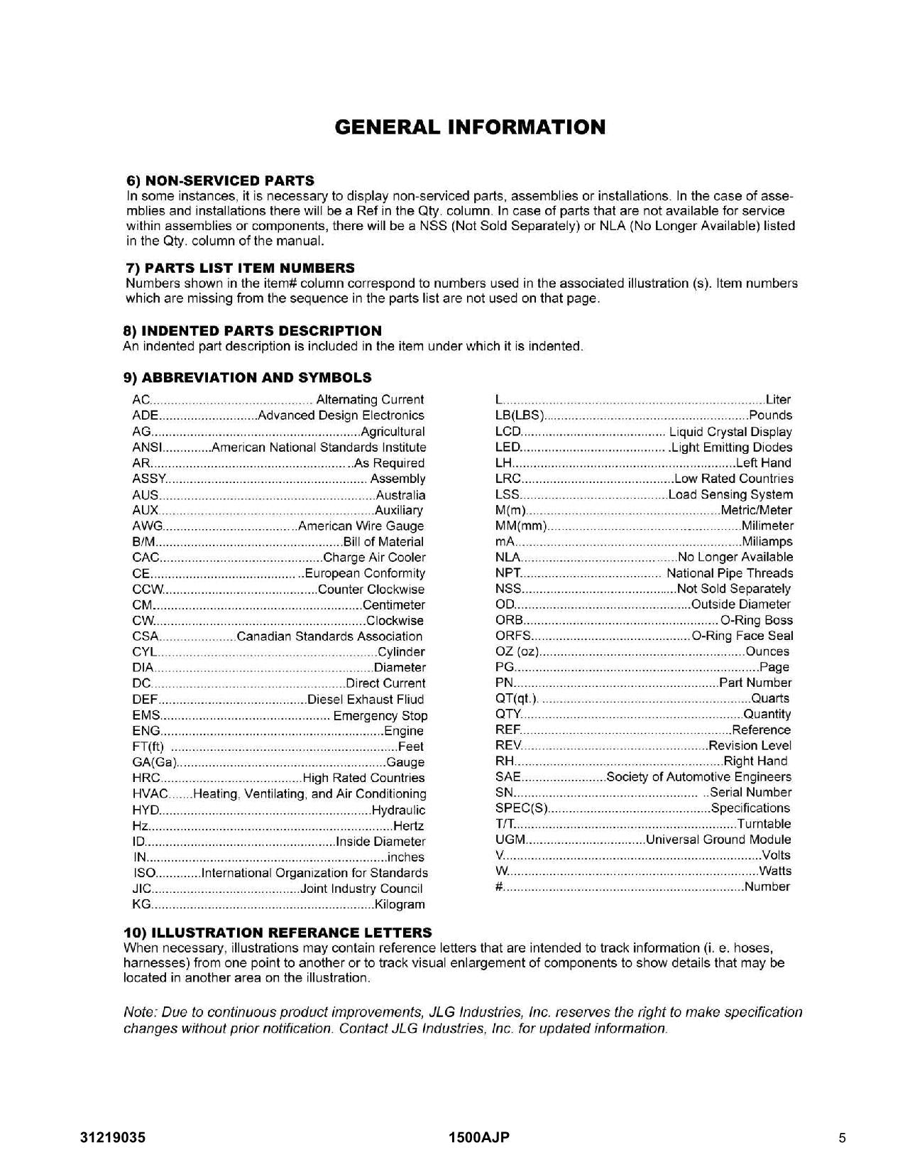 JLG 1500AJP Boom Lift Parts Catalog Manual 31219035