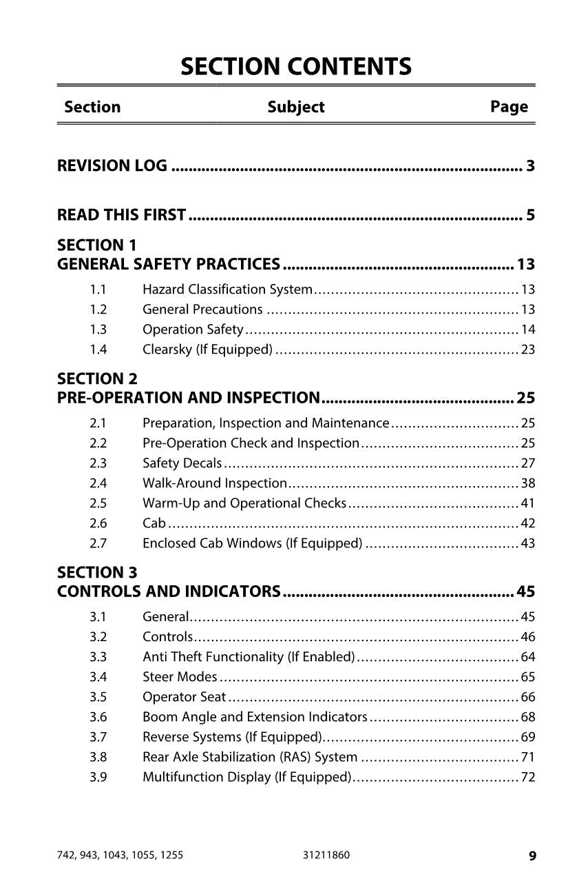 JLG 1043 1055 1255 742 943 Telehandler Maintenance Operators Manual 31211860