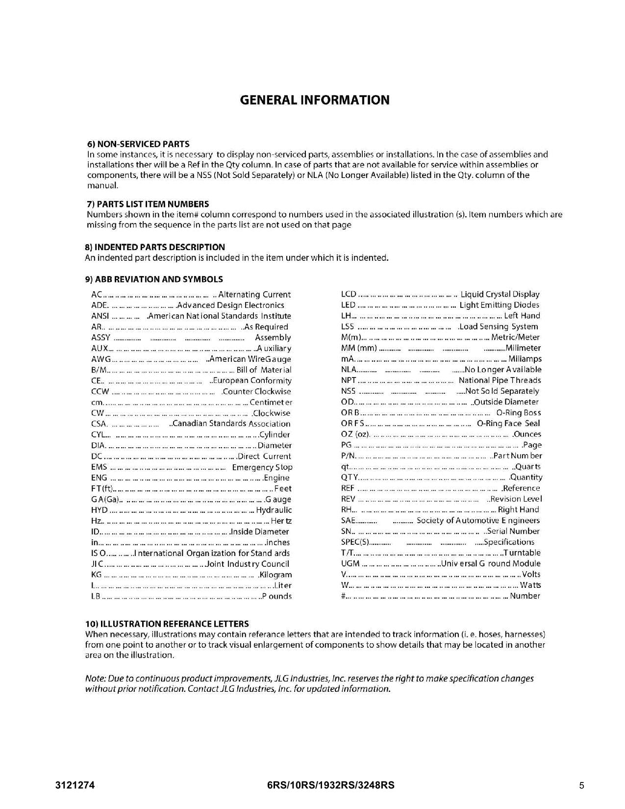 JLG 10RS 1932RS 3248RS 6RS Scissor Lift Parts Catalog Manual