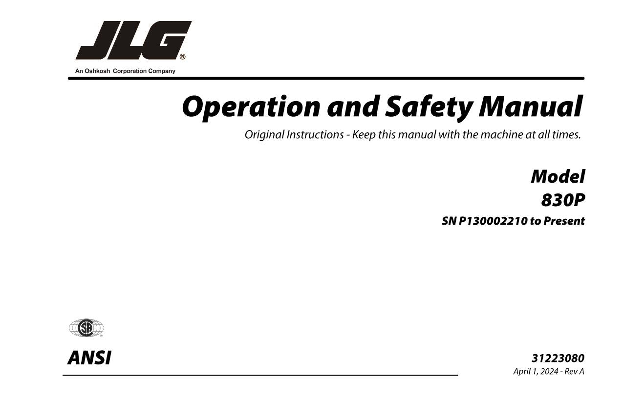 JLG 830P Vertical Mast Maintenance Operation Operators Manual 31223080