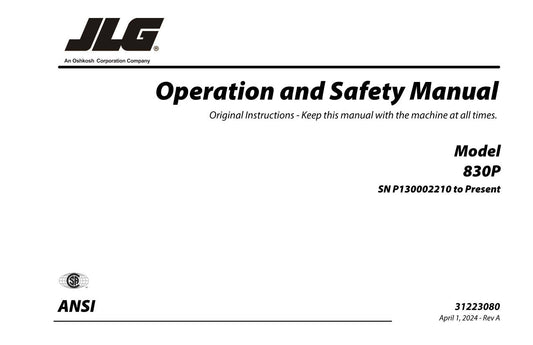 JLG 830P Vertical Mast Maintenance Operation Operators Manual 31223080