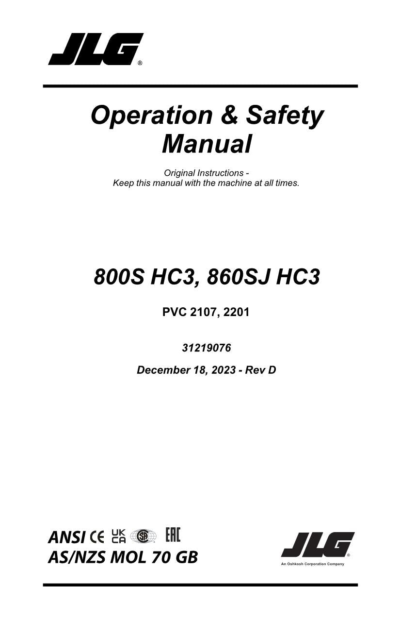 JLG 800S HC3 860SJ HC3 Boom Lift Maintenance Operation Operators Manual 31219076