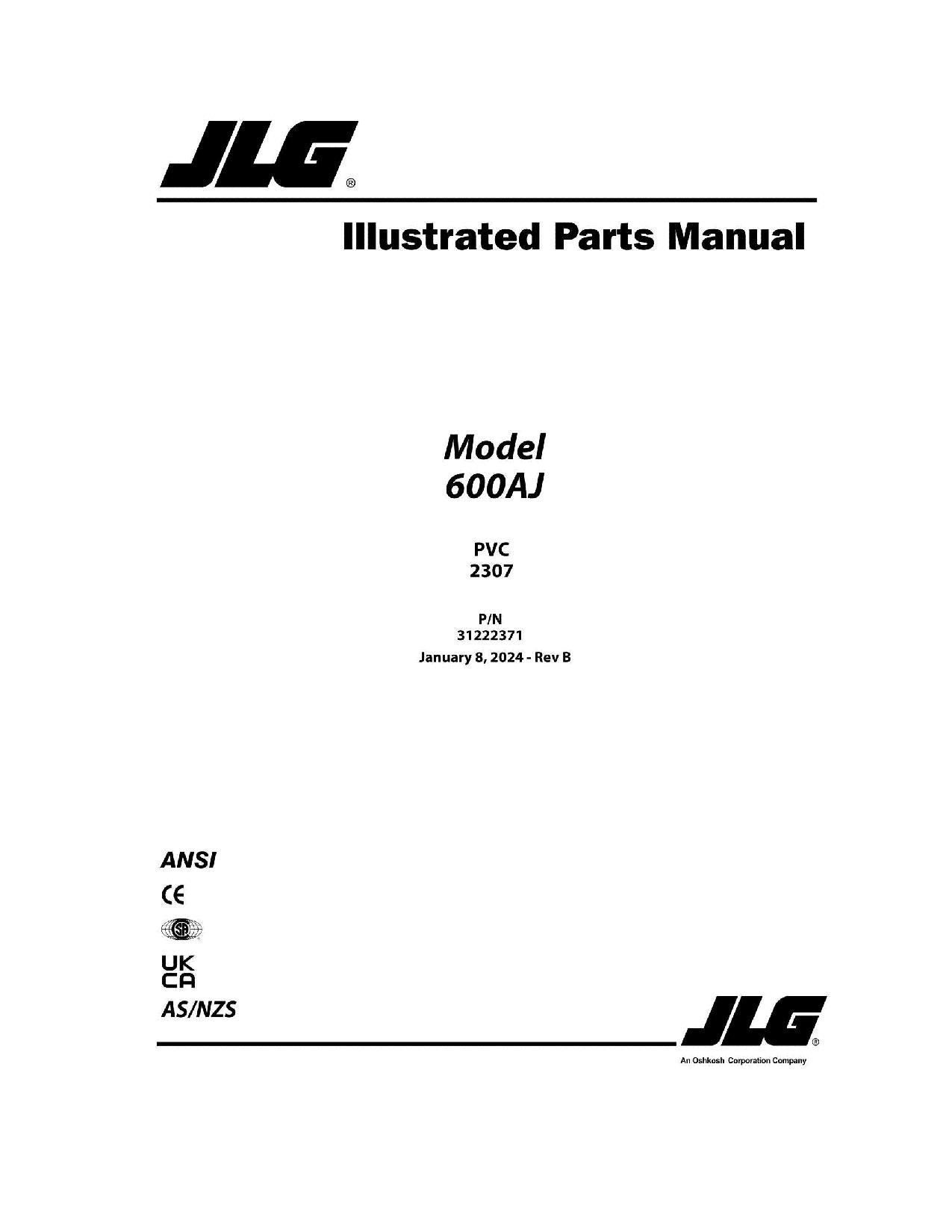 JLG 600AJ Boom Lift  Parts Catalog Manual