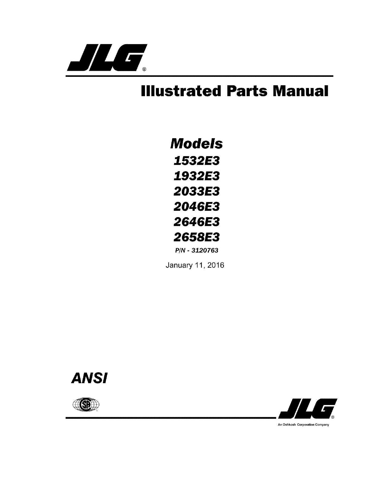 JLG 1532E3 1932E3 2033E3 2046E3 2646E3 2658E3 Scissor Lift Parts Catalog Manual