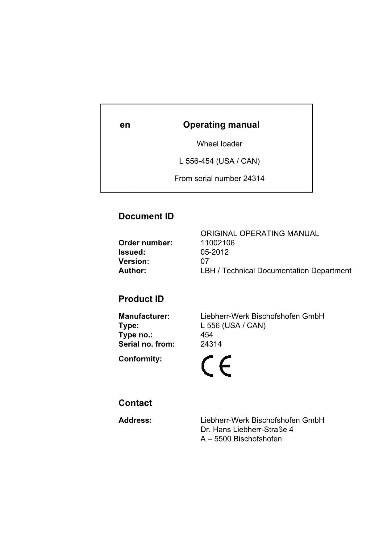 Liebherr L556-454 (USA CAN) Wheel Loader Operators manual