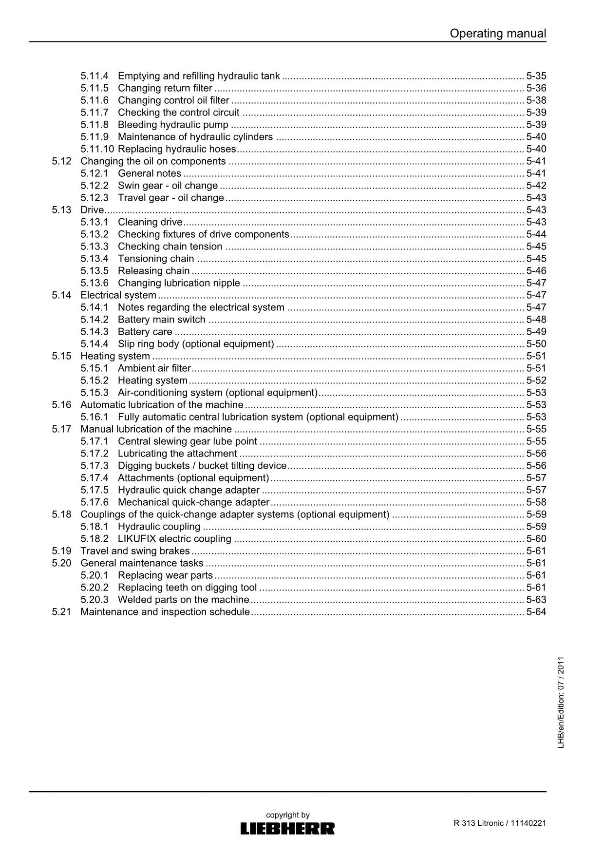 Liebherr R313 Litronic Excavator Operators manual serial 57082