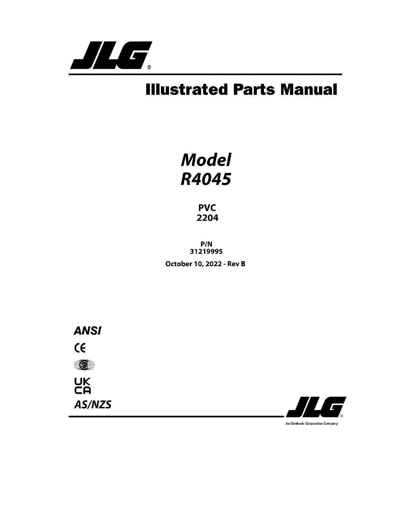 JLG R4045 Scissor Lift Parts Catalog Manual