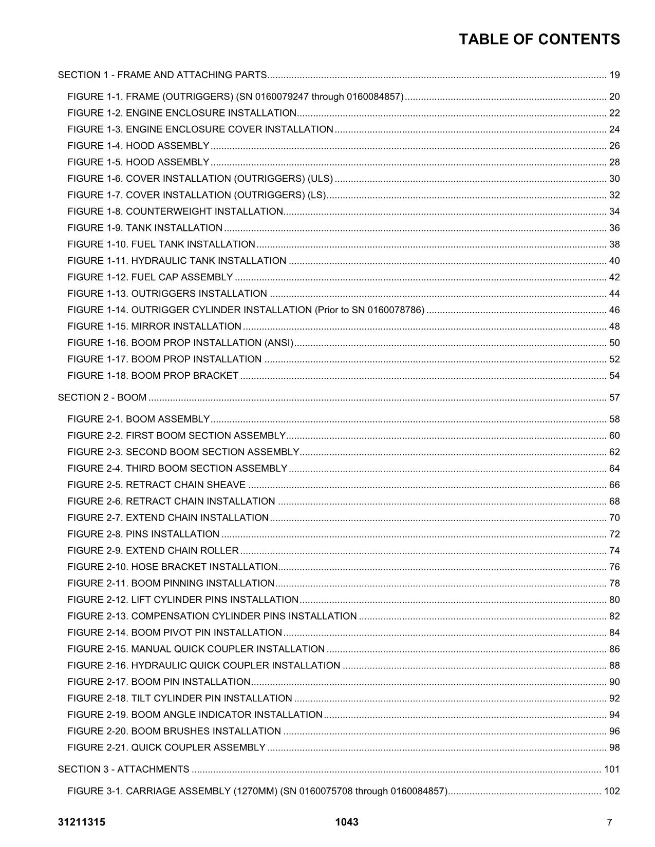 JLG 1043 Telehandler Parts Catalog Manual Prior to 0160101059