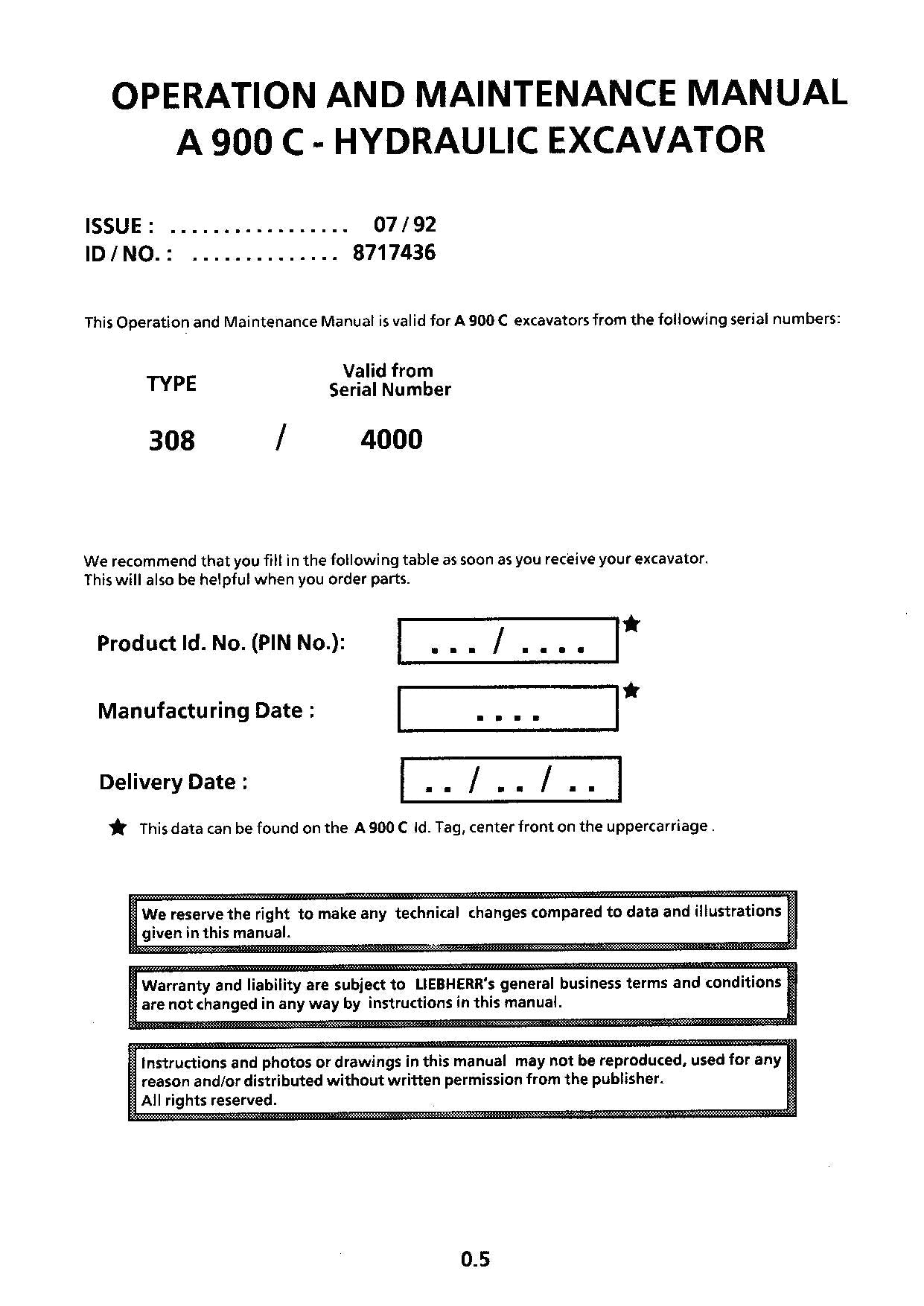 Liebherr A900 C Excavator  Operators manual