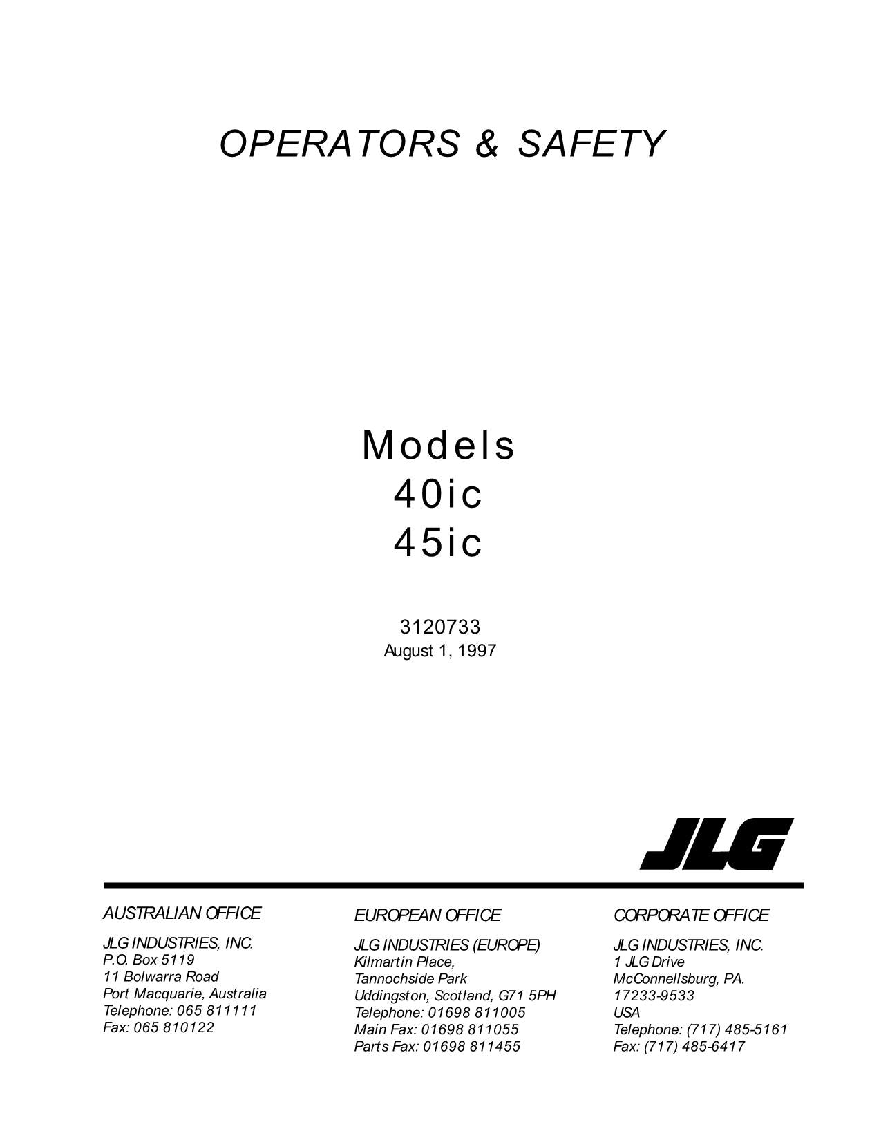 JLG 40ic 45ic Boom Lift Maintenance Operation Operators Manual 3120733