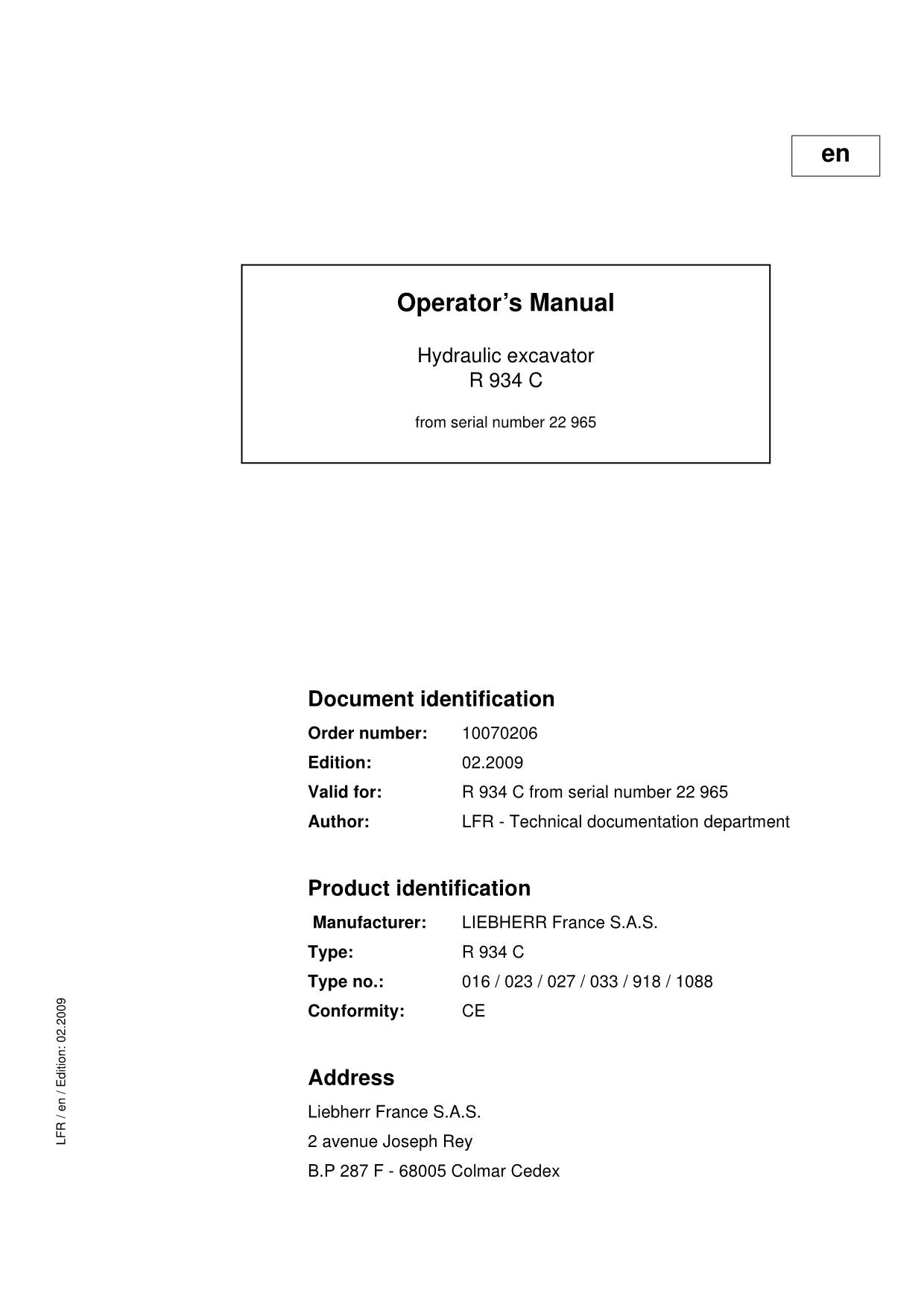 Liebherr R934 C Excavator Operators manual serial 22965