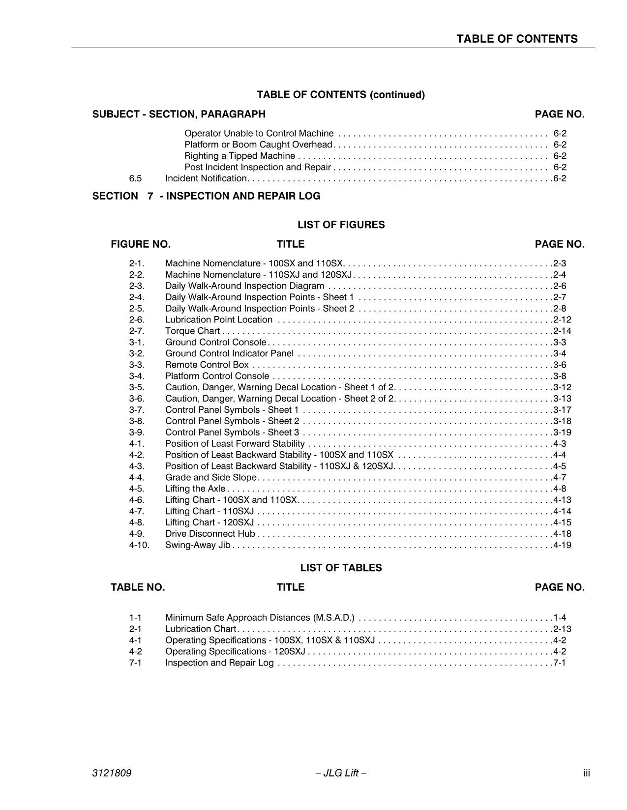 JLG 100SX 110SX 110SXJ 120SXJ Boom Lift Maintenance Operators Manual 3121809