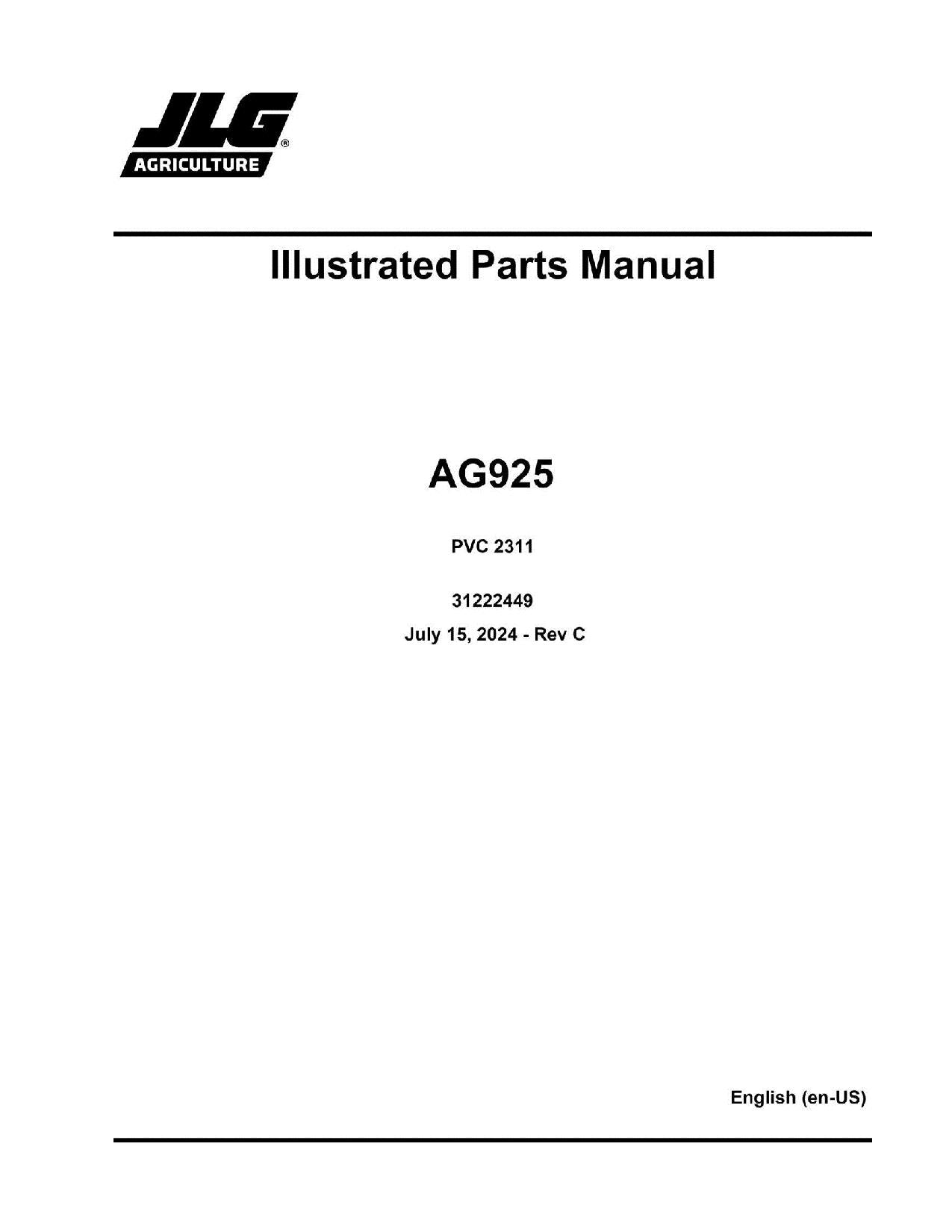 JLG AG925 Telehandler Parts Catalog Manual 31222449