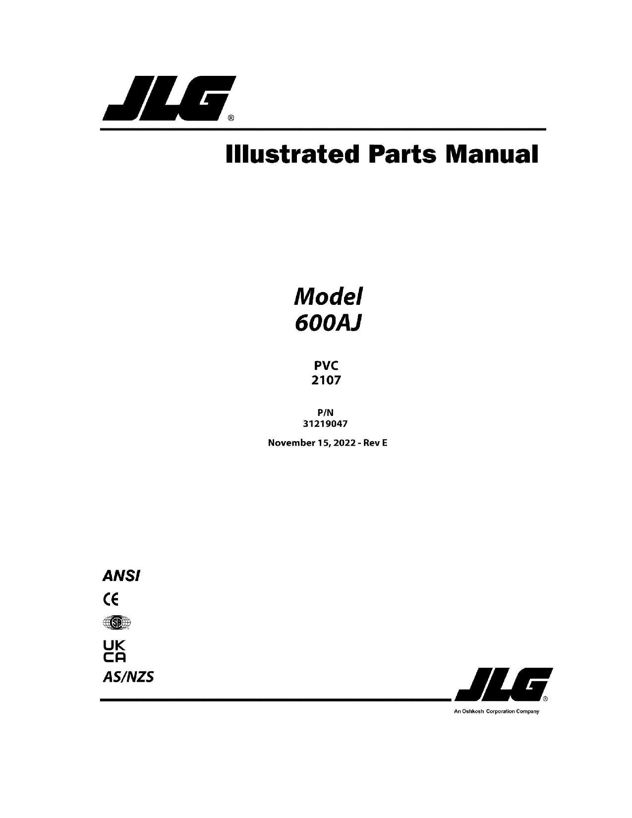 JLG 600AJ Boom Lift  Parts Catalog Manual 31219047