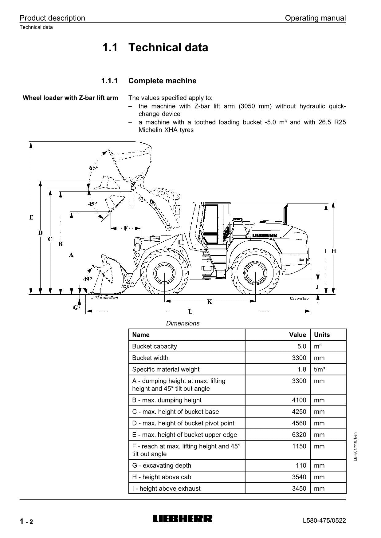 Liebherr L580 Wheel Loader Operators manual serial 0522