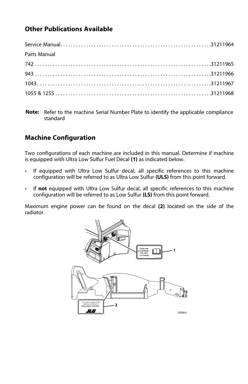 JLG 1043 1055 1255 742 943 Telehandler Maintenance Operators Manual 31211963