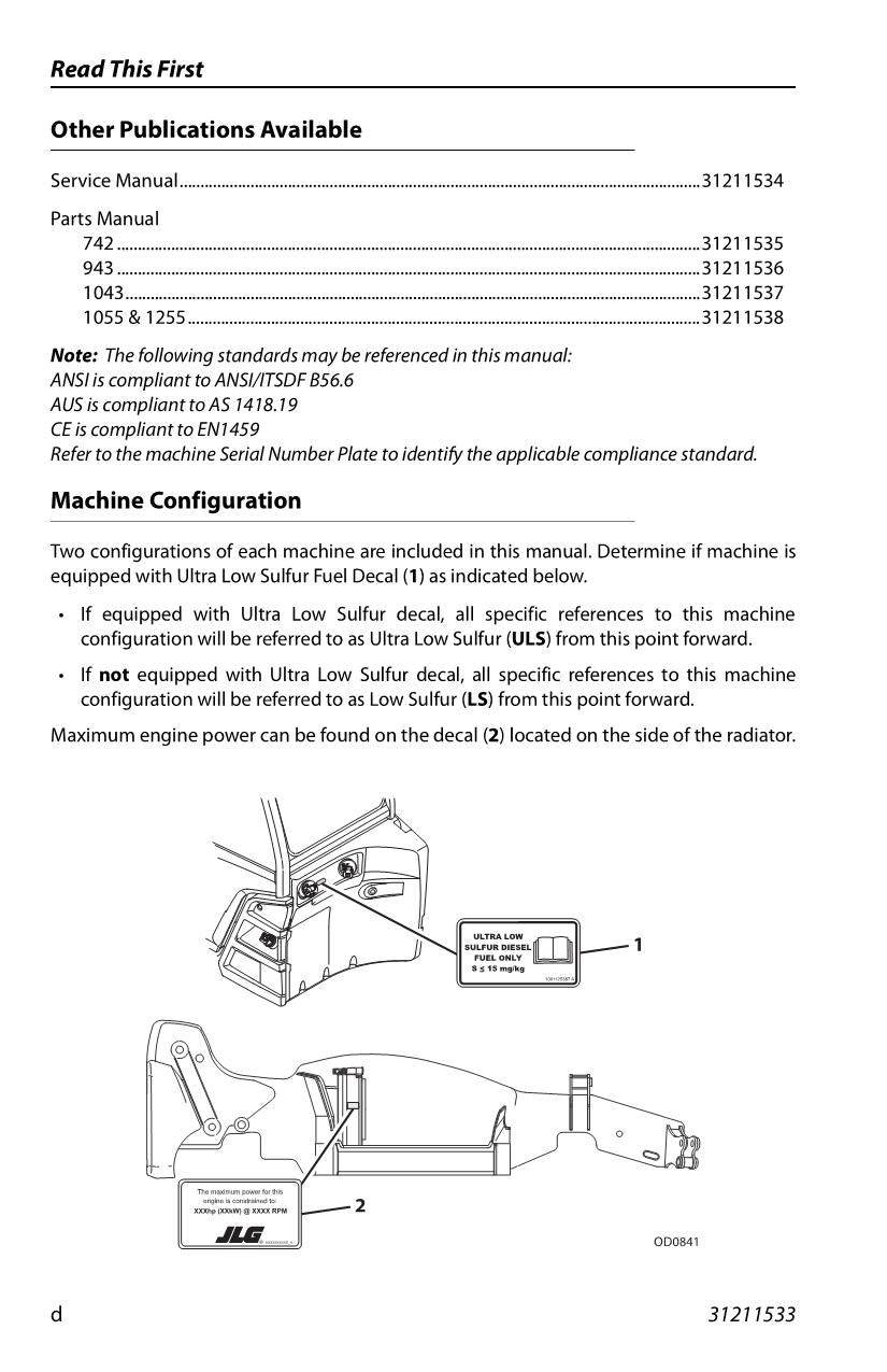 JLG 1043 1055 1255 742 943 Telehandler Maintenance Operators Manual 31211533