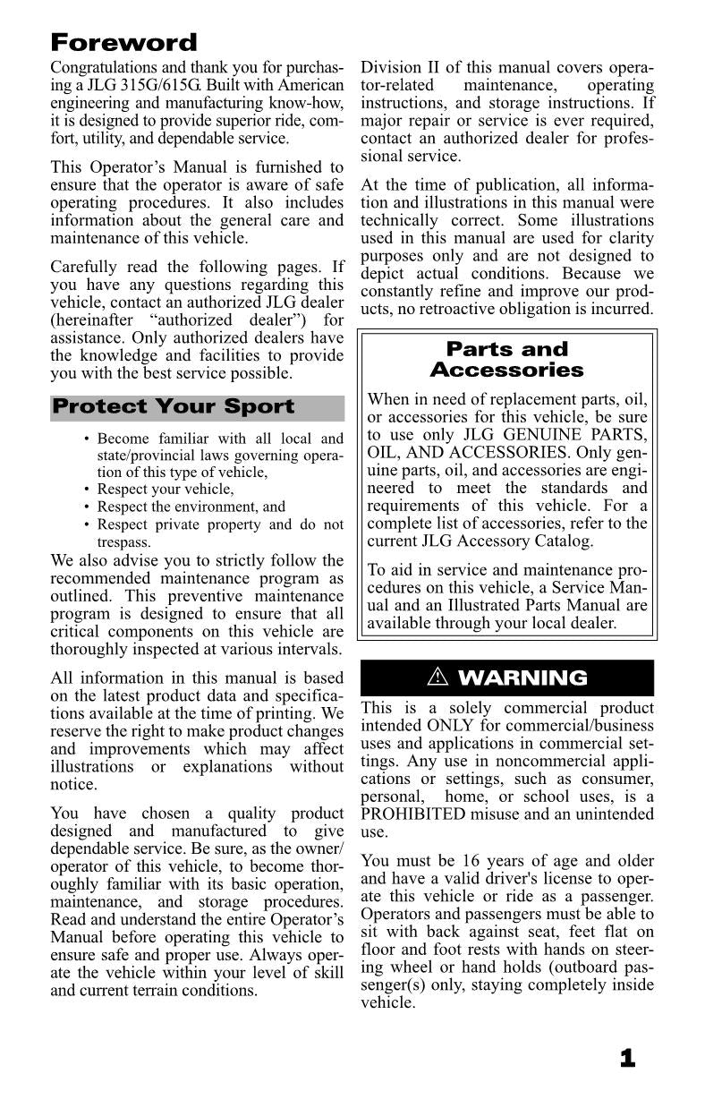 JLG 315G 615G UTV Maintenance Operation Operators Manual