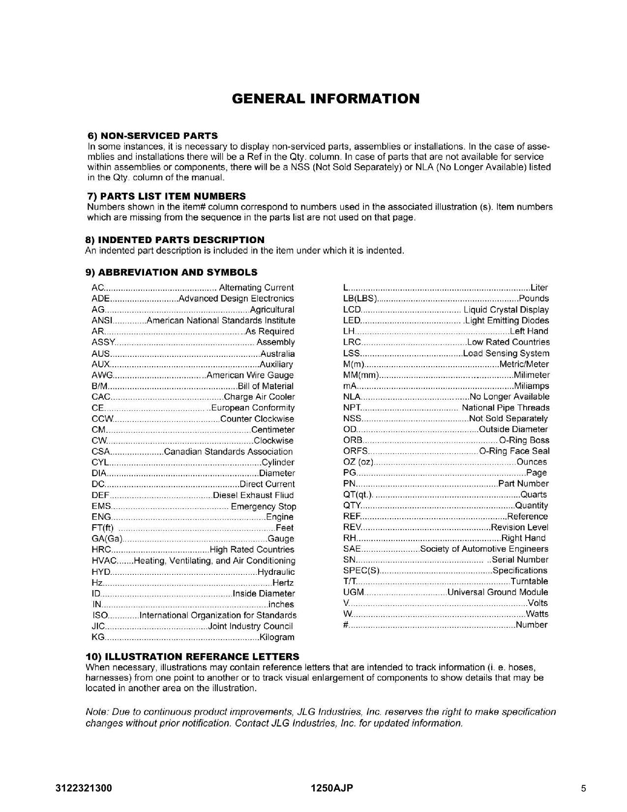 JLG 1250AJP Boom Lift Parts Catalog Manual