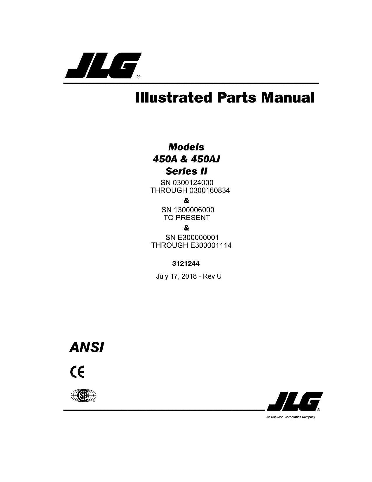 JLG 450A Series II 450AJ Series II Boom Lift Parts Catalog Manual 3121244