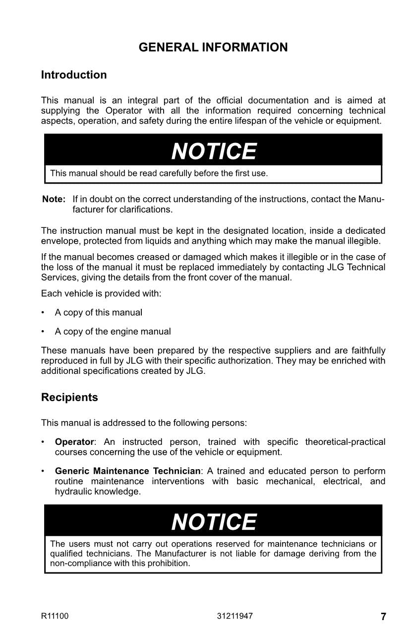 JLG R11100 Telehandler Maintenance Operation Operators Manual