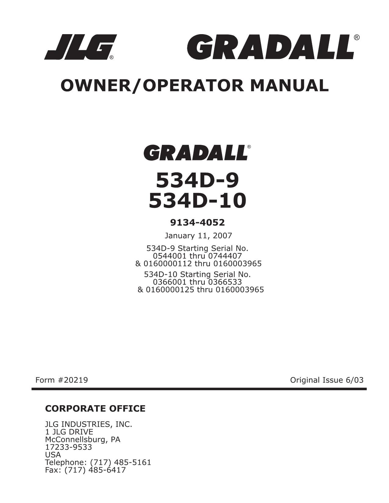 GRADALL JLG 534D-10 534D-9 Telehandler Operation Service