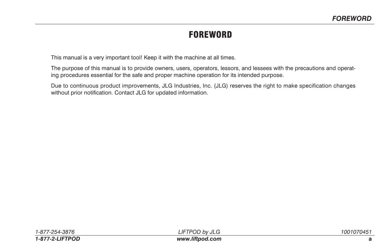 JLG FS60 FS80 Vertical Mast Operation Parts Service Manual