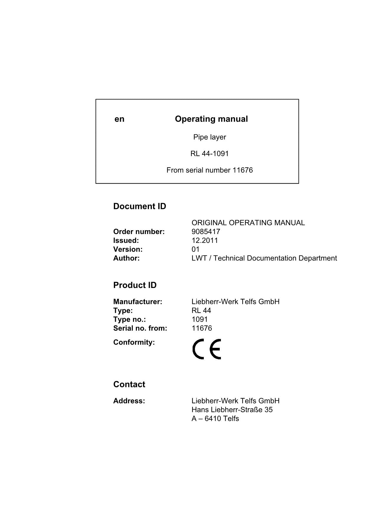 Liebherr RL44-1091 Pipe Layer Operators manual serial 11676