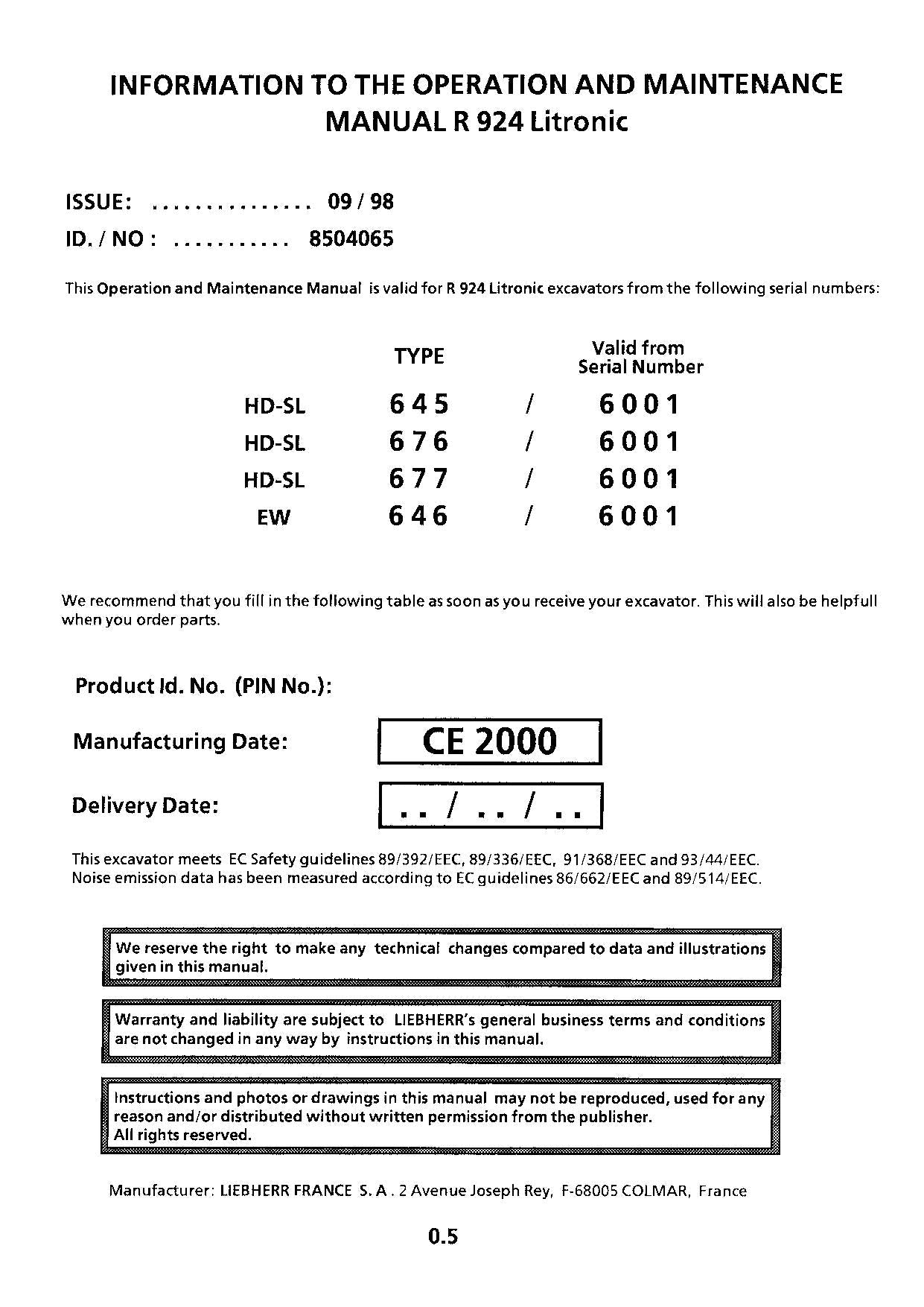 Liebherr R924 Litronic Excavator Operators manual serial 6001