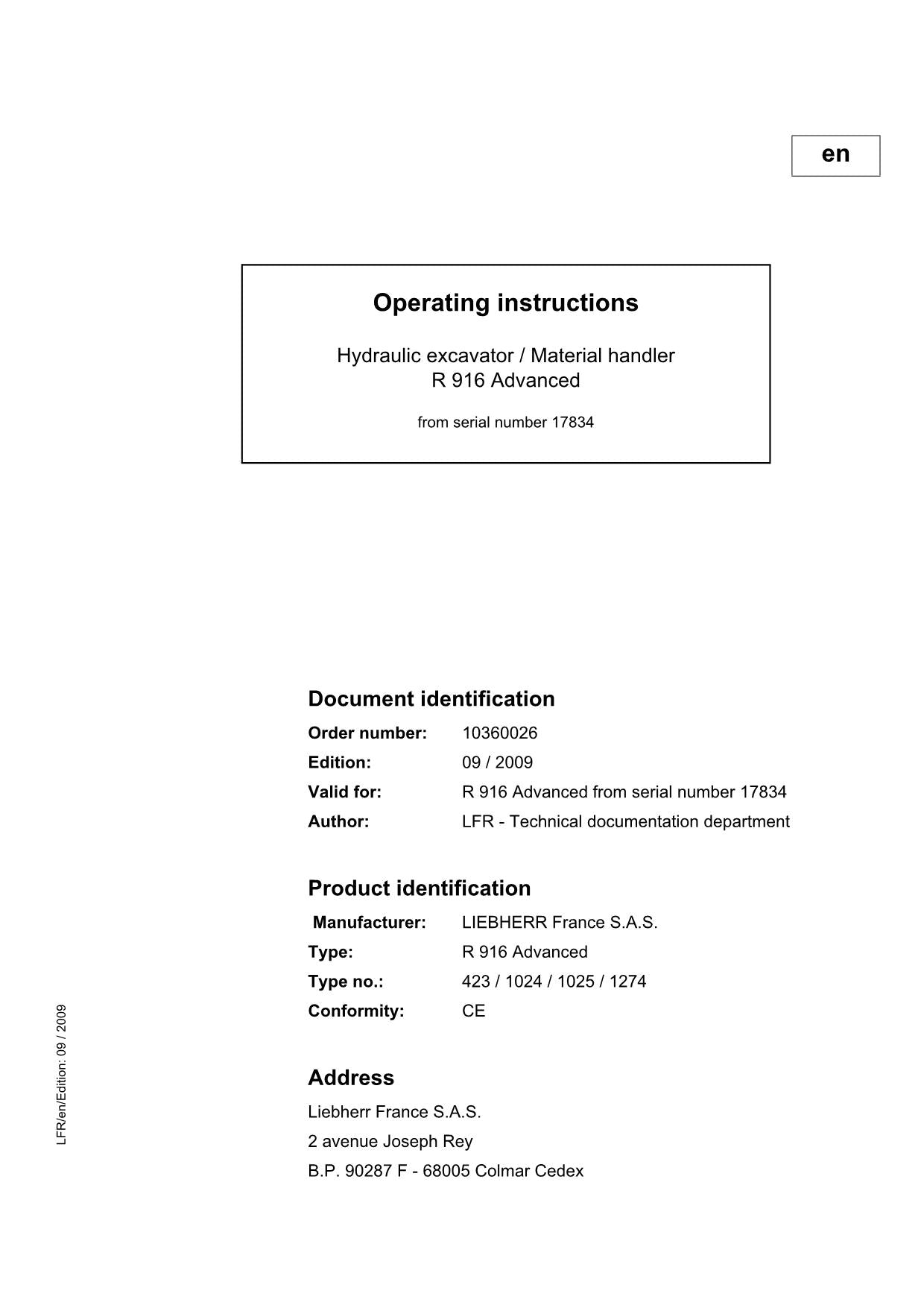 Liebherr R916 Advanced Excavator Operators manual serial 17834