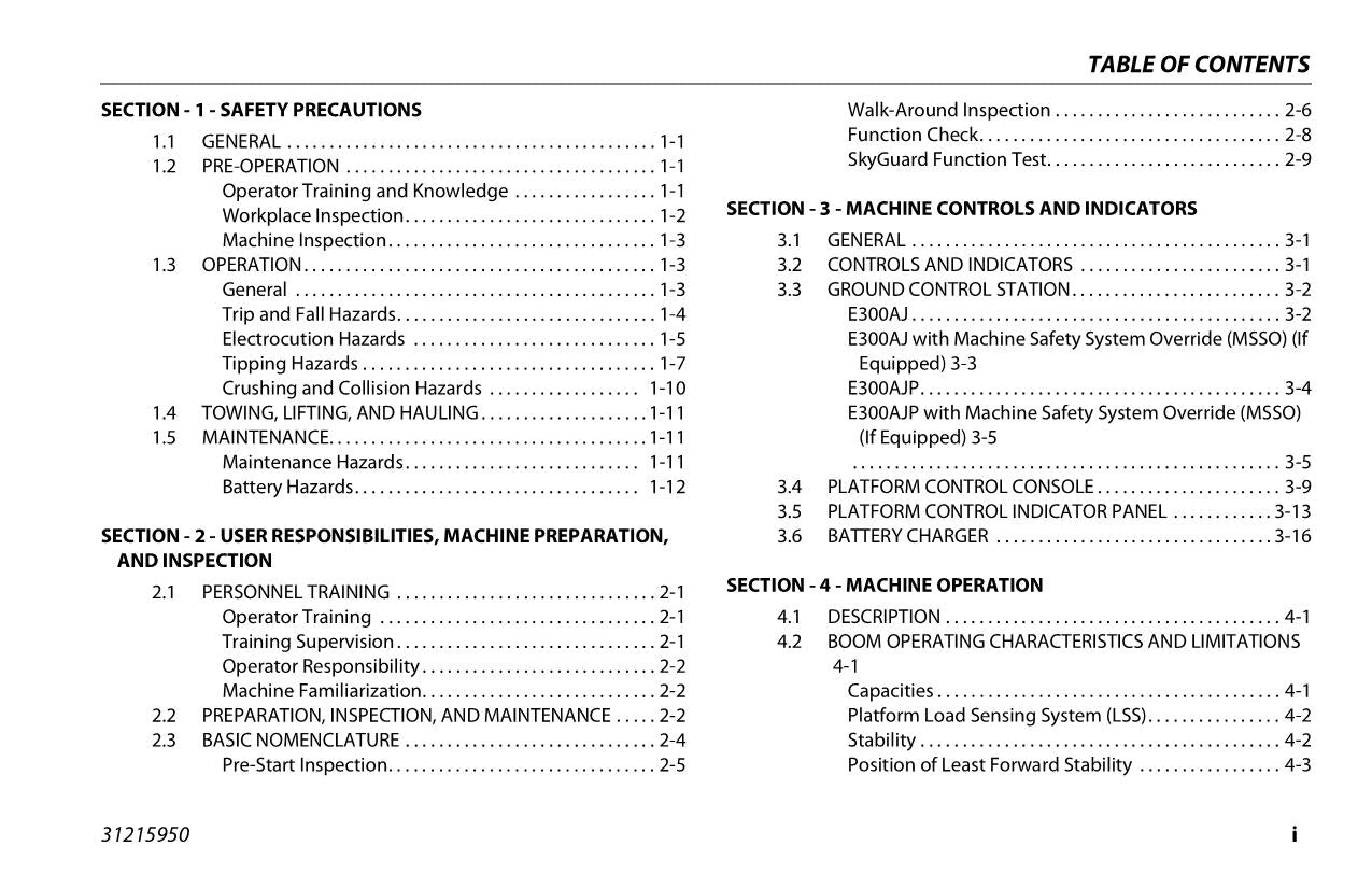 JLG E300AJ E300AJP Boom Lift Maintenance Operation Operators Manual 31215950