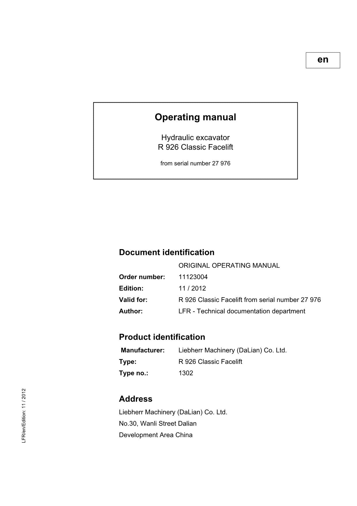 Liebherr R926 Classic Facelift Excavator Operators manual