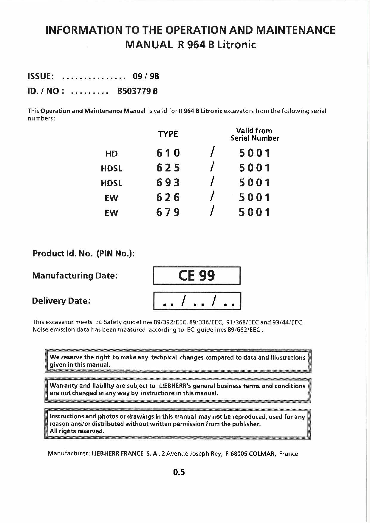 Liebherr R964 B Litronic Excavator Operators manual serial 5001