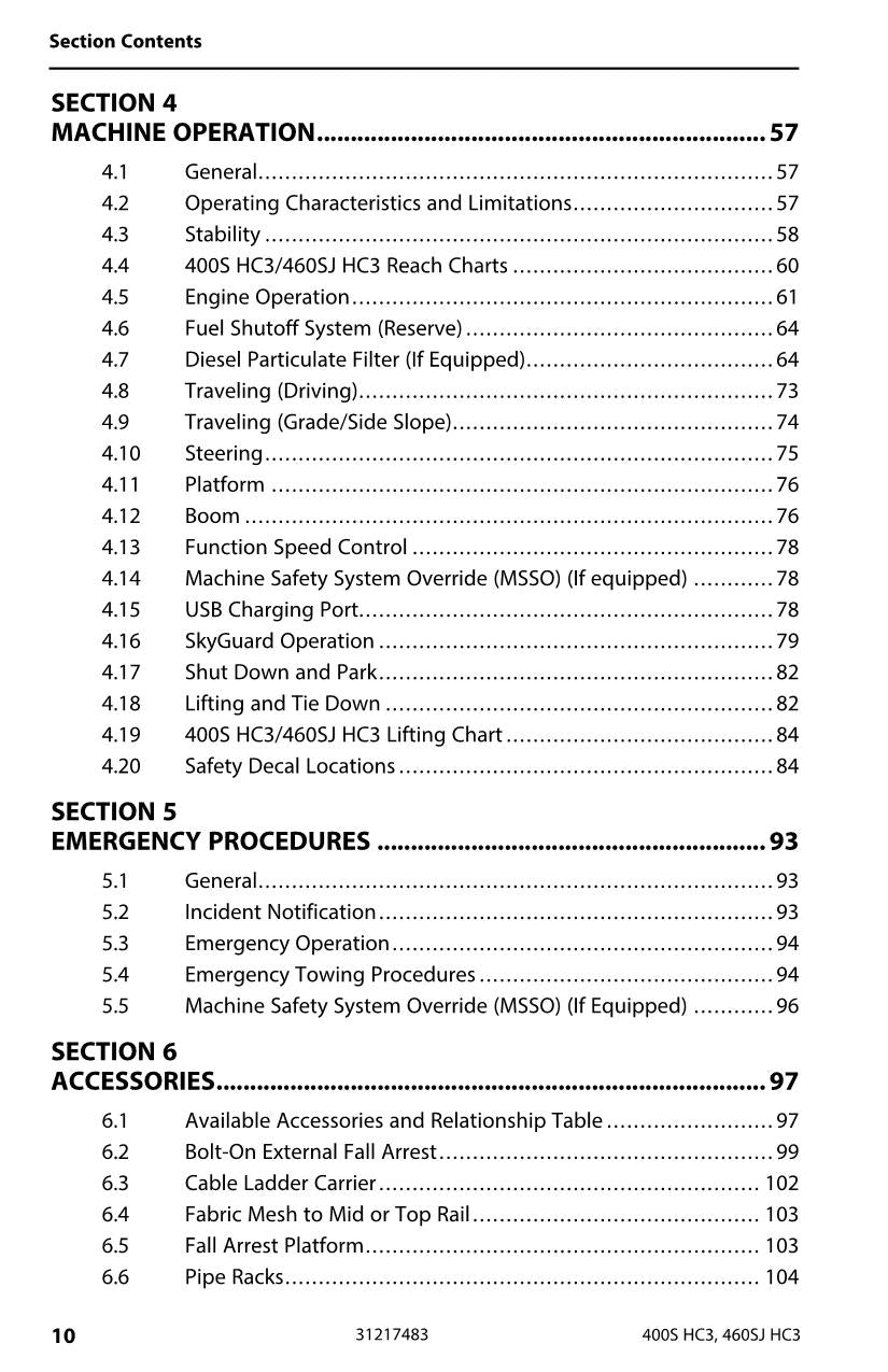 JLG 400S HC3 460SJ HC3 Boom Lift Maintenance Operation Operators Manual 31217483