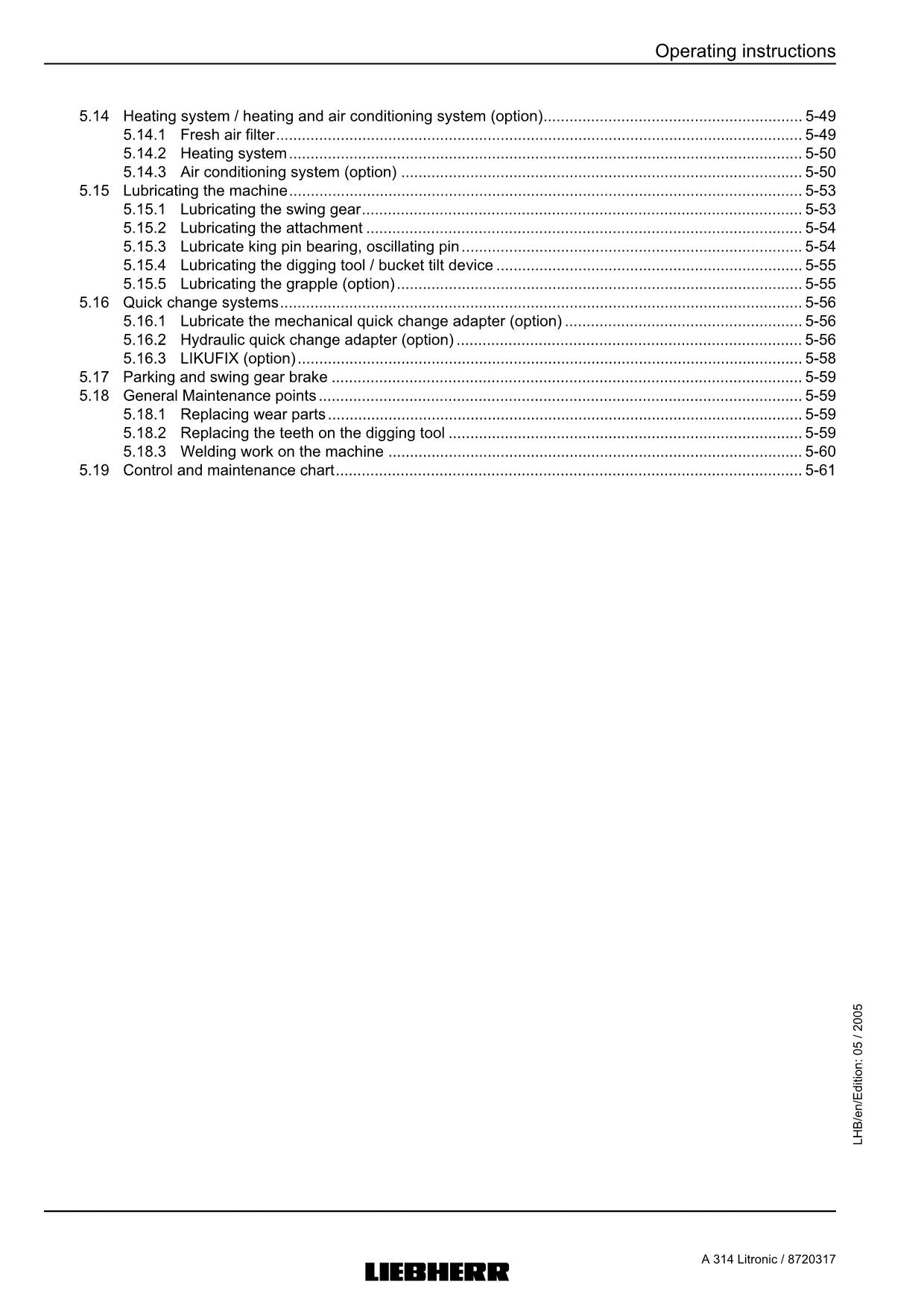 Liebherr A314 Litronic Excavator  Operators manual