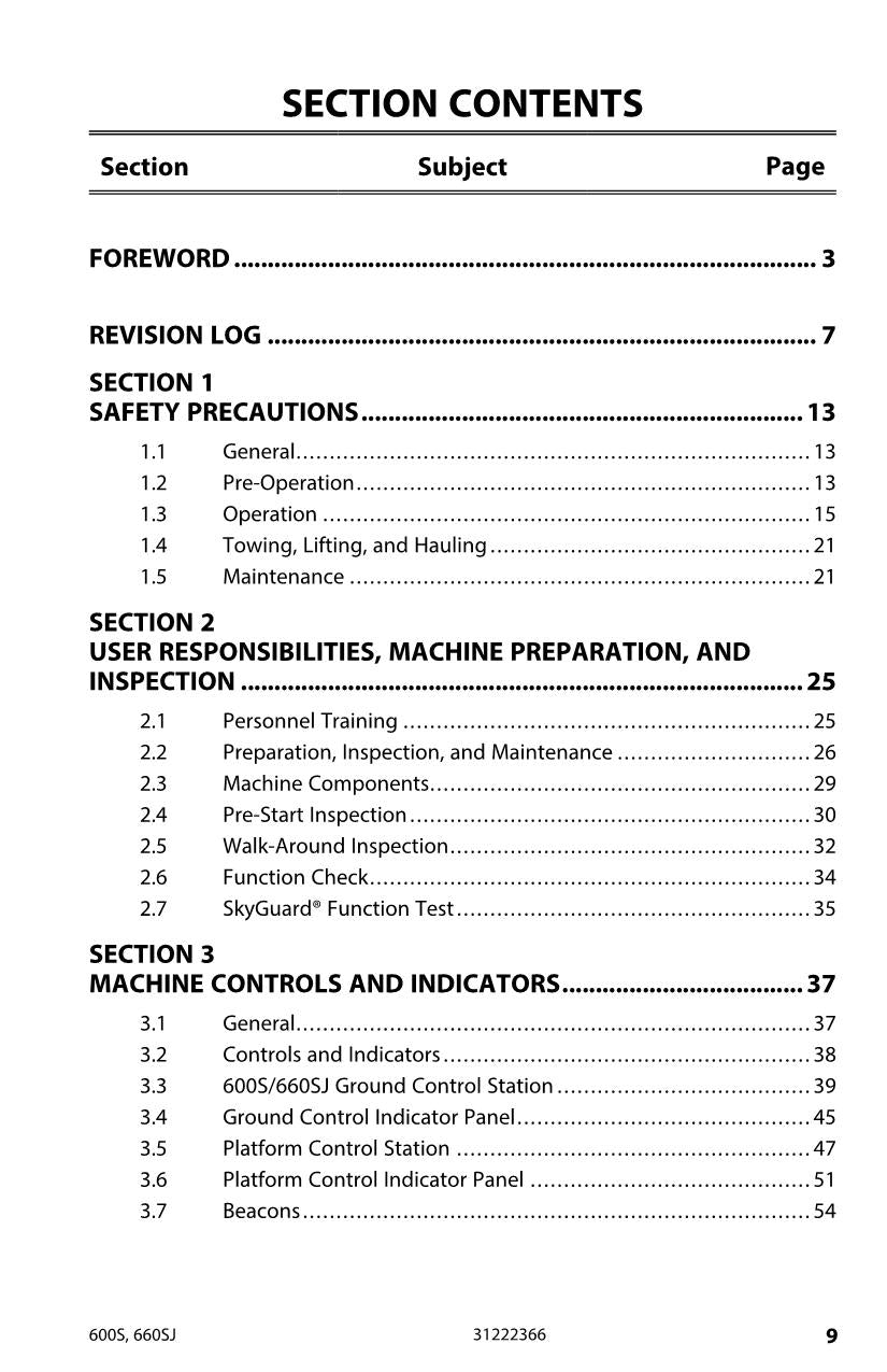 JLG 600S 660SJ Boom Lift Maintenance Operation Operators Manual 31222366