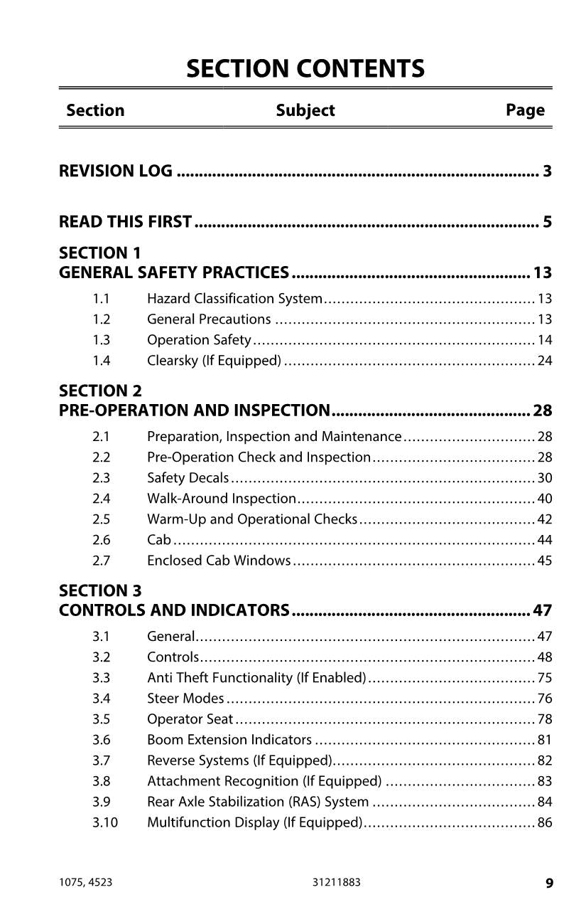 JLG 1075 4523 Telehandler Maintenance Operation Operators Manual 31211883