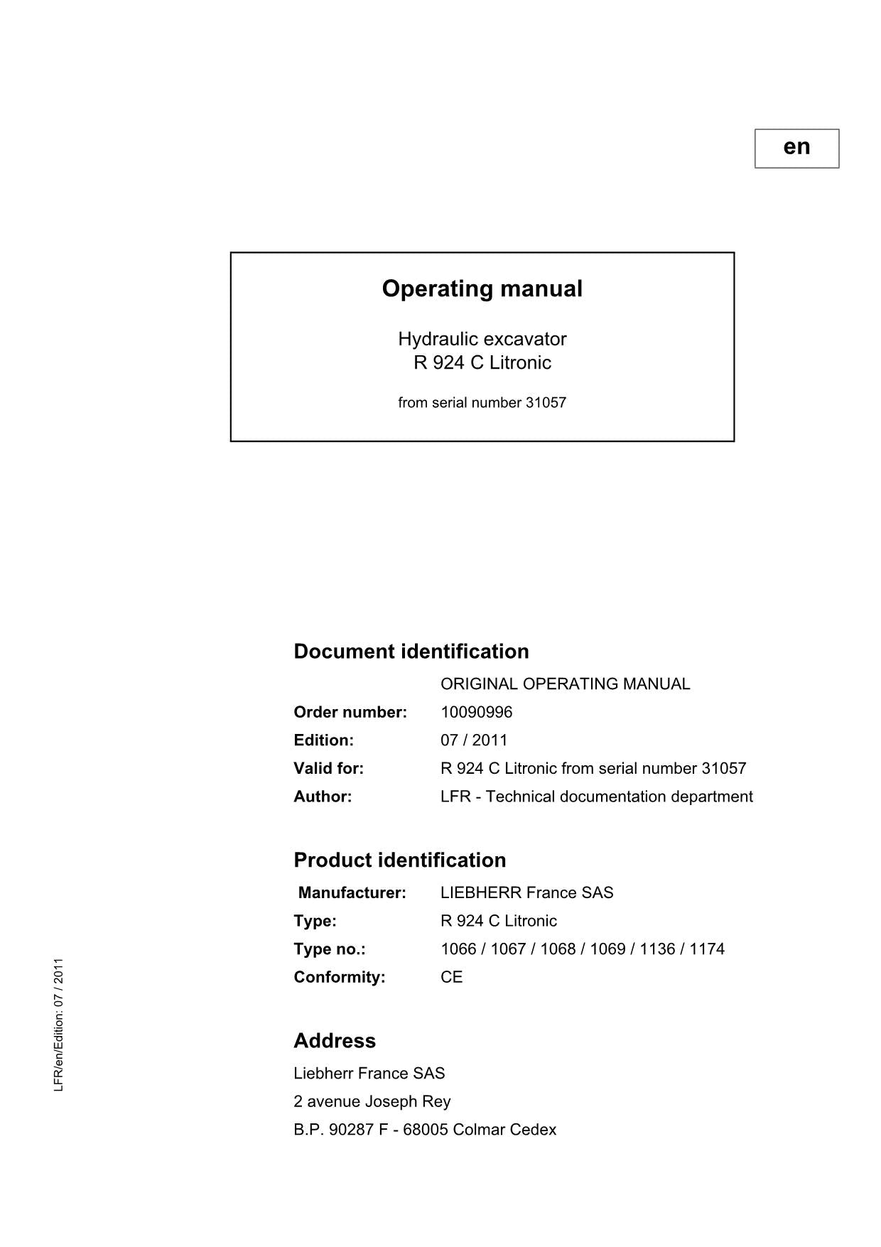 Liebherr R924 C Litronic Excavator Operators manual serial 31057