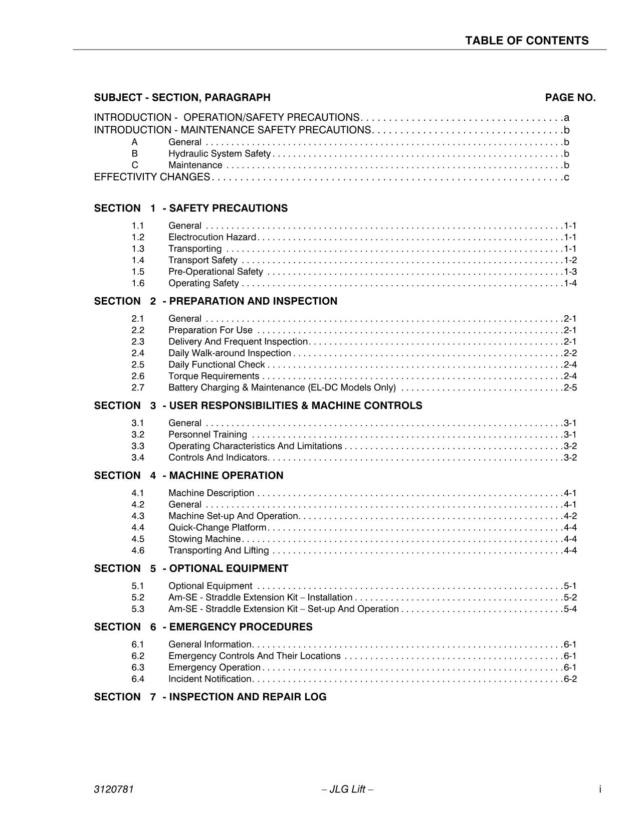 JLG 20EL 25EL 30EL 36EL 41EL Vertical Mast Operators Manual