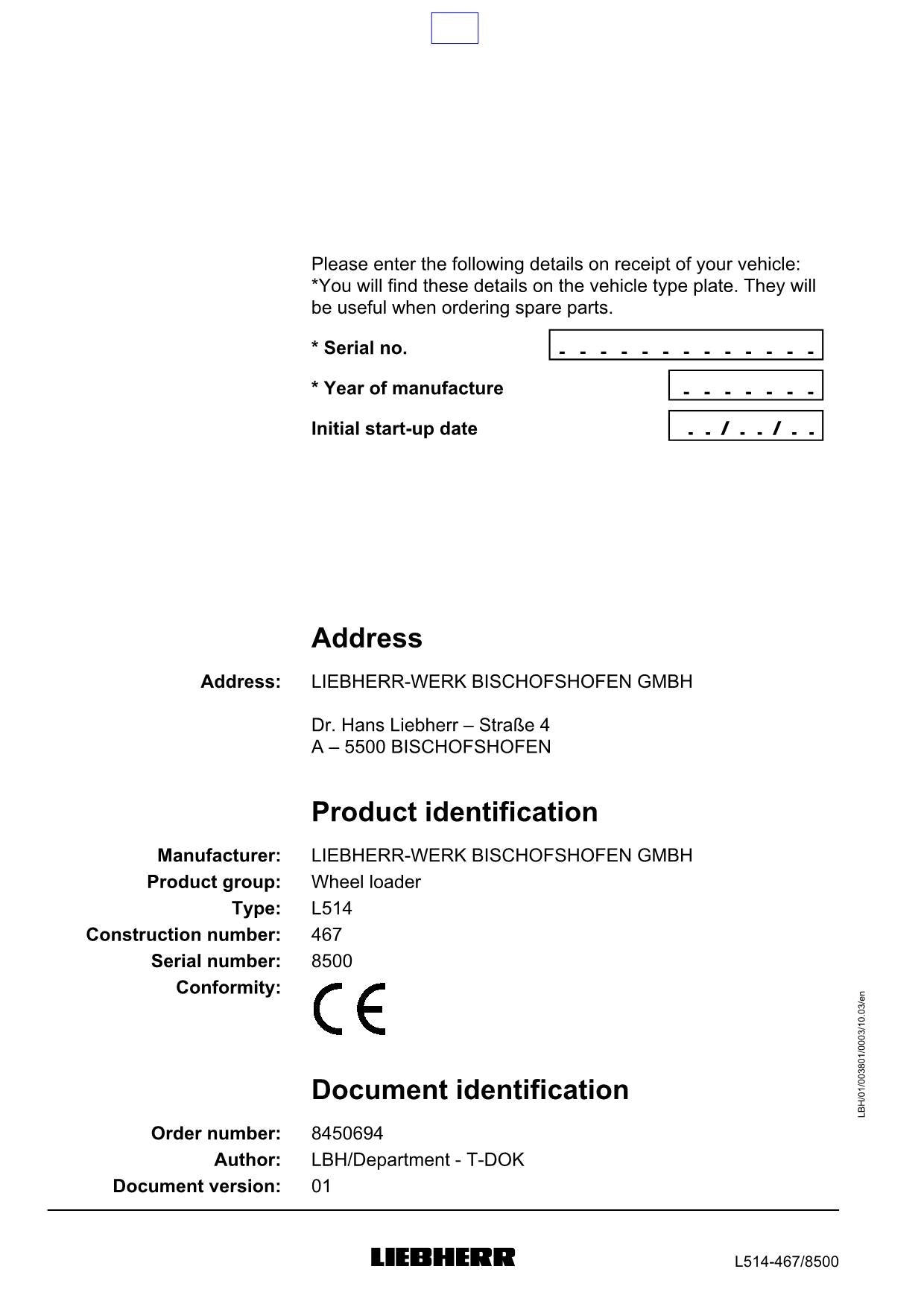 Liebherr L514 Stereo Wheel Loader Operators manual