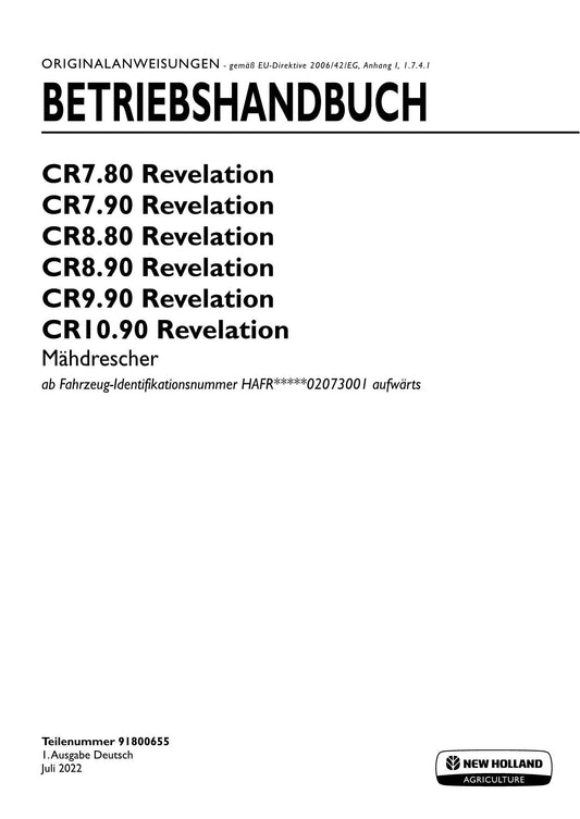 New Holland CR10 90 CR7 80 Revelation Mähdrescher Betriebsanleitung 91800655