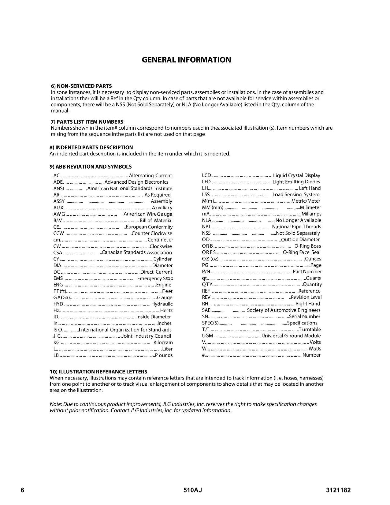 JLG 510AJ Boom Lift Parts Catalog Manual