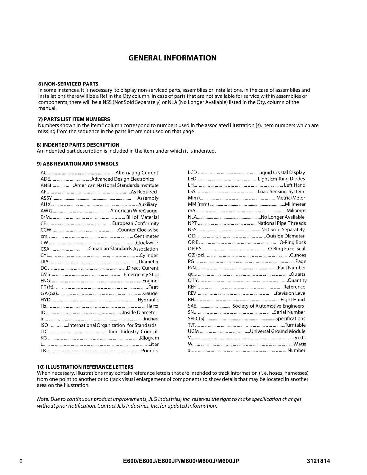 JLG E600 E600J E600JP M600 M600J M600JP Boom Lift Parts Catalog Manual