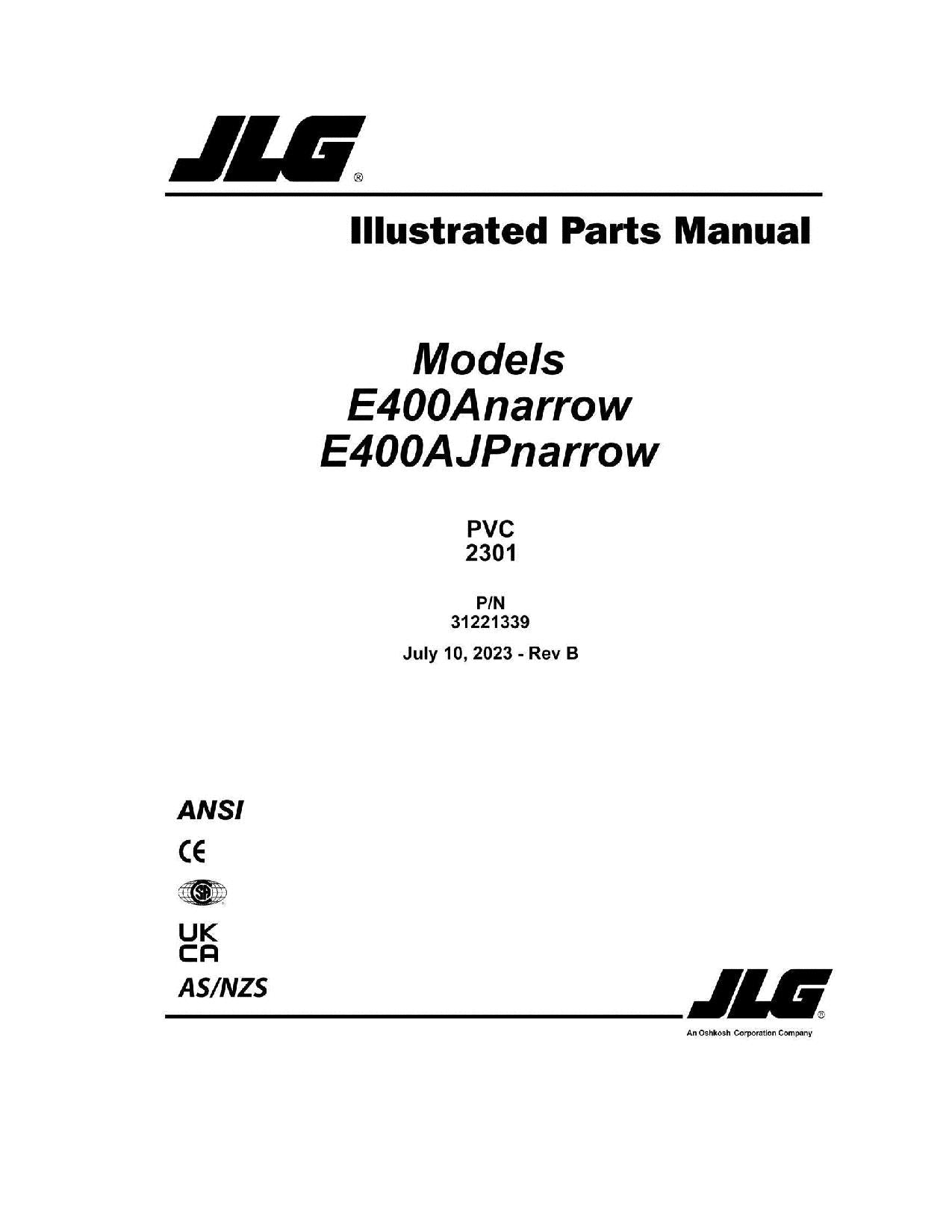 JLG E400AJPnarrow E400Anarrow Boom Lift Parts Catalog Manual