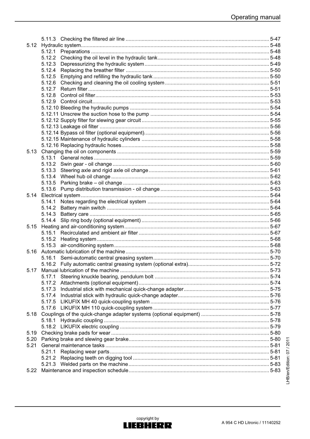 Liebherr A954 C HD Litronic Excavator Operators manual