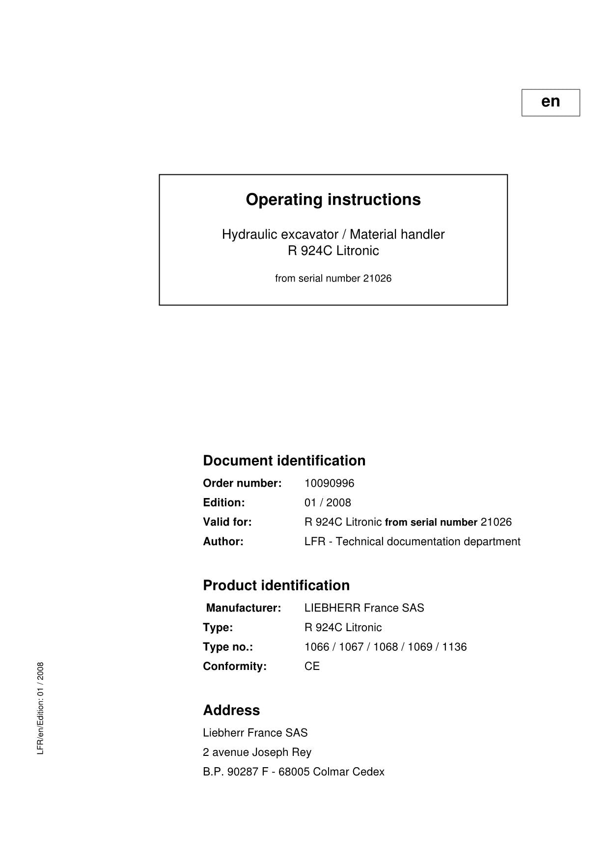 Liebherr R924 C Litronic Excavator Operators manual serial 21026