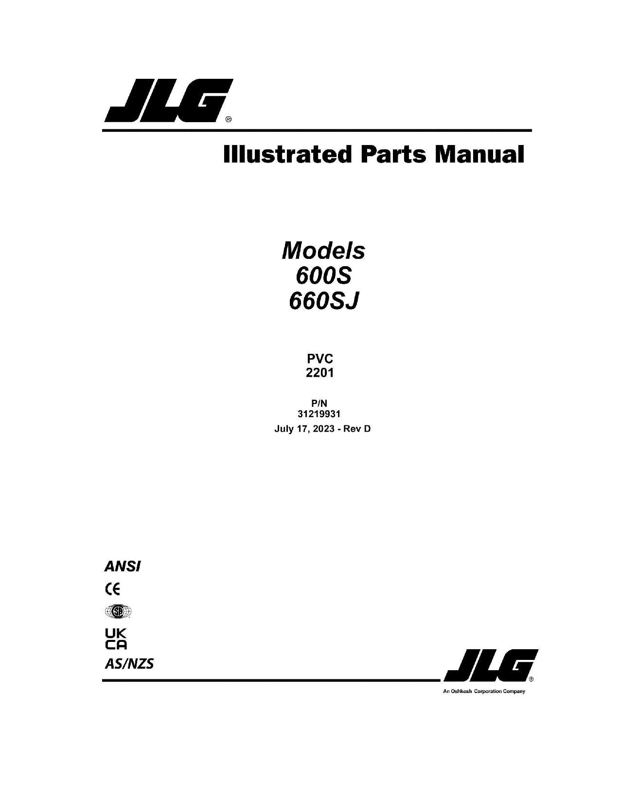 JLG 600S 660SJ Boom Lift Parts Catalog Manual 31219931