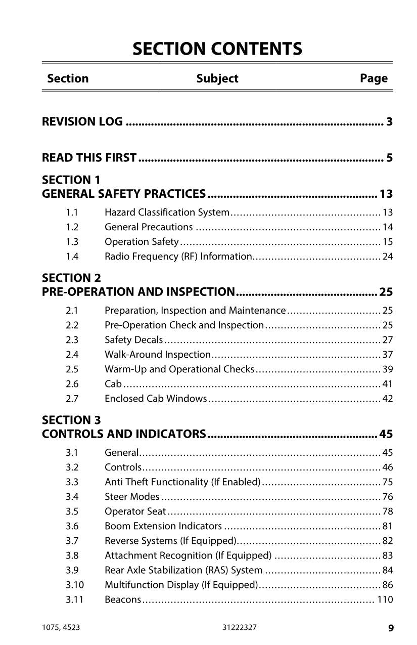 JLG 1075 4523 Telehandler Maintenance Operation Operators Manual 31222327