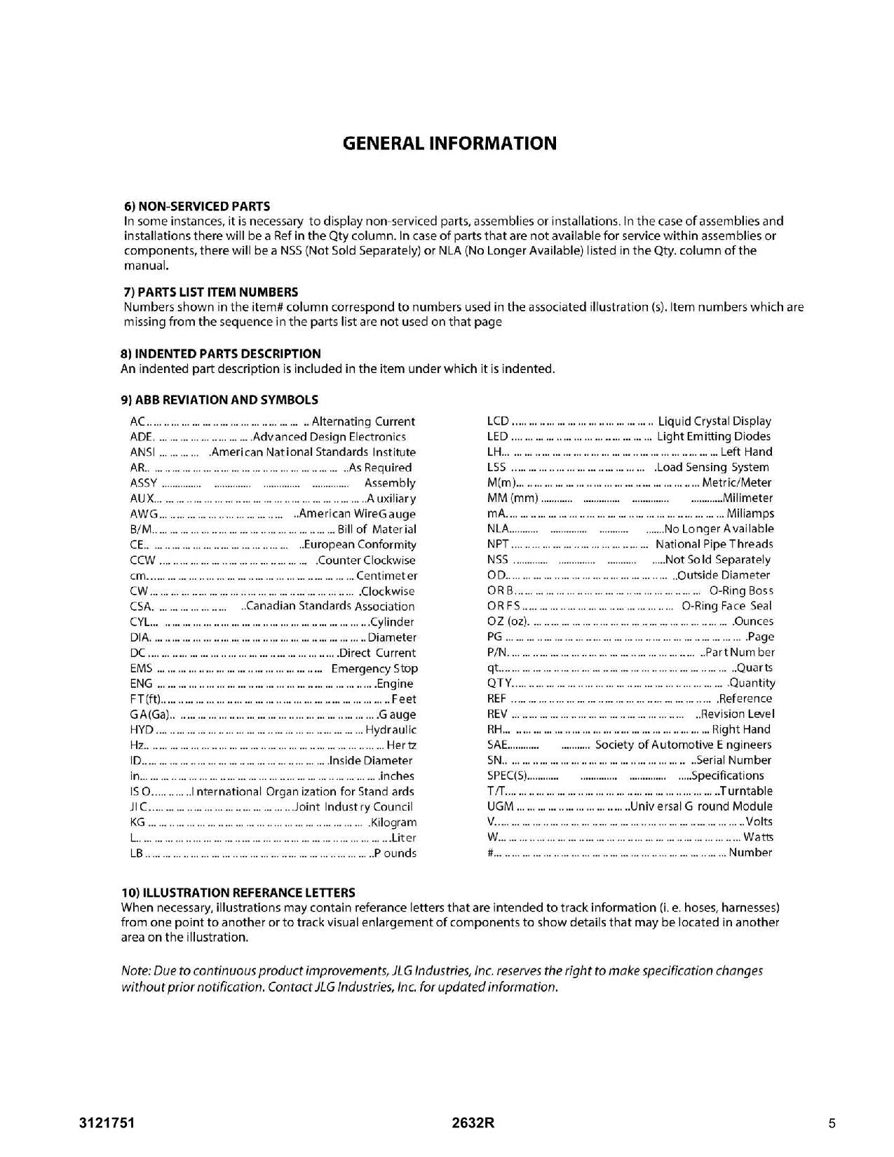 JLG 2632R Scissor Lift Parts Catalog Manual