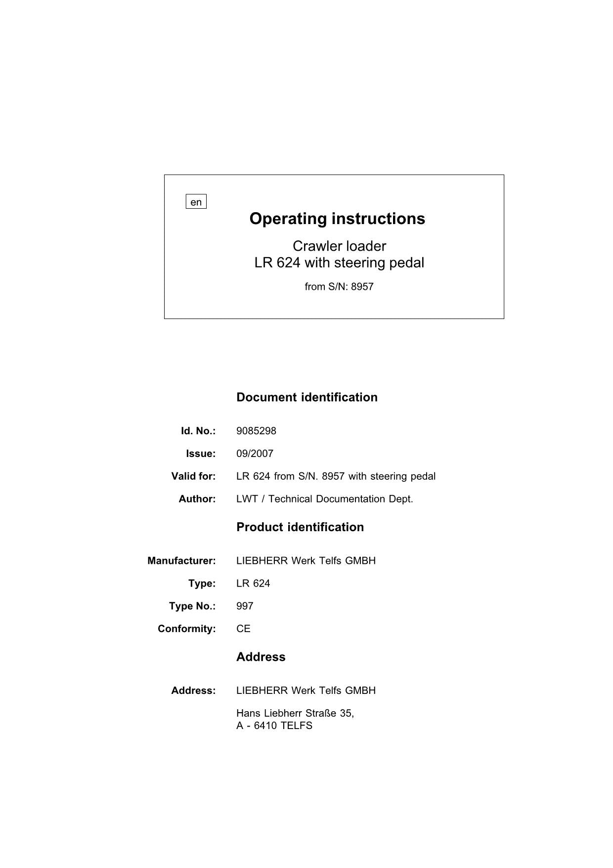 Liebherr LR624 CRAWLER LOADER Operators manual serial 8957